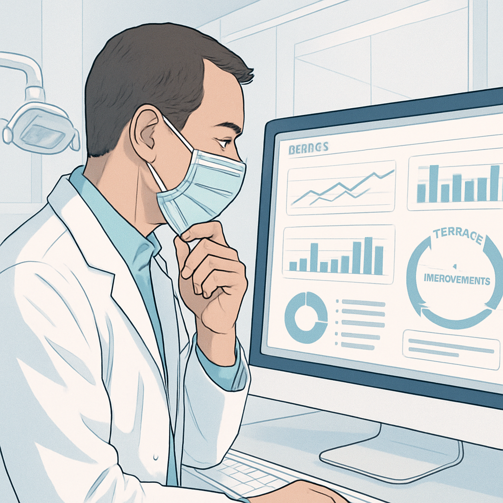 Dentist reviews digital dashboard metrics, focusing on making thoughtful improvements