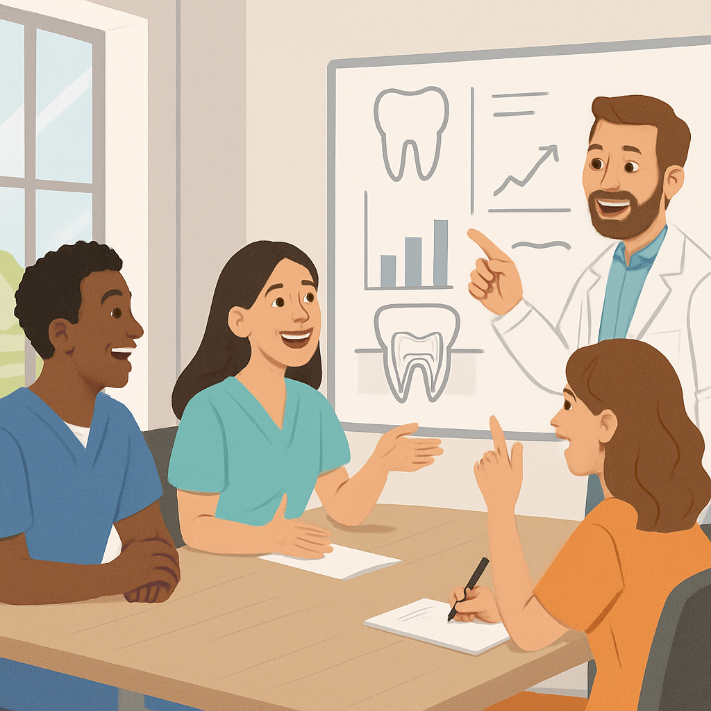 Dental team planning initiatives around a table in well-lit meeting room