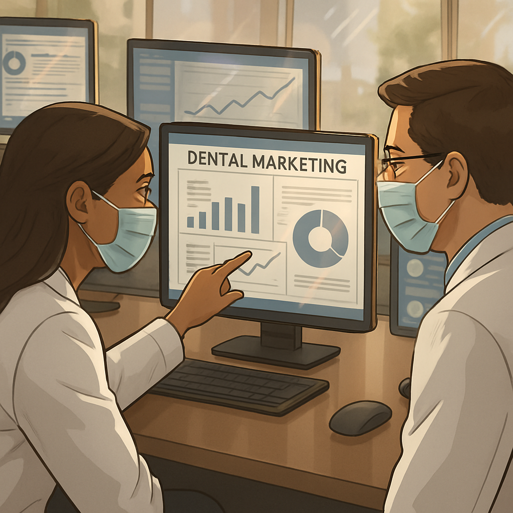 Two dental professionals discussing marketing software over computer screens.