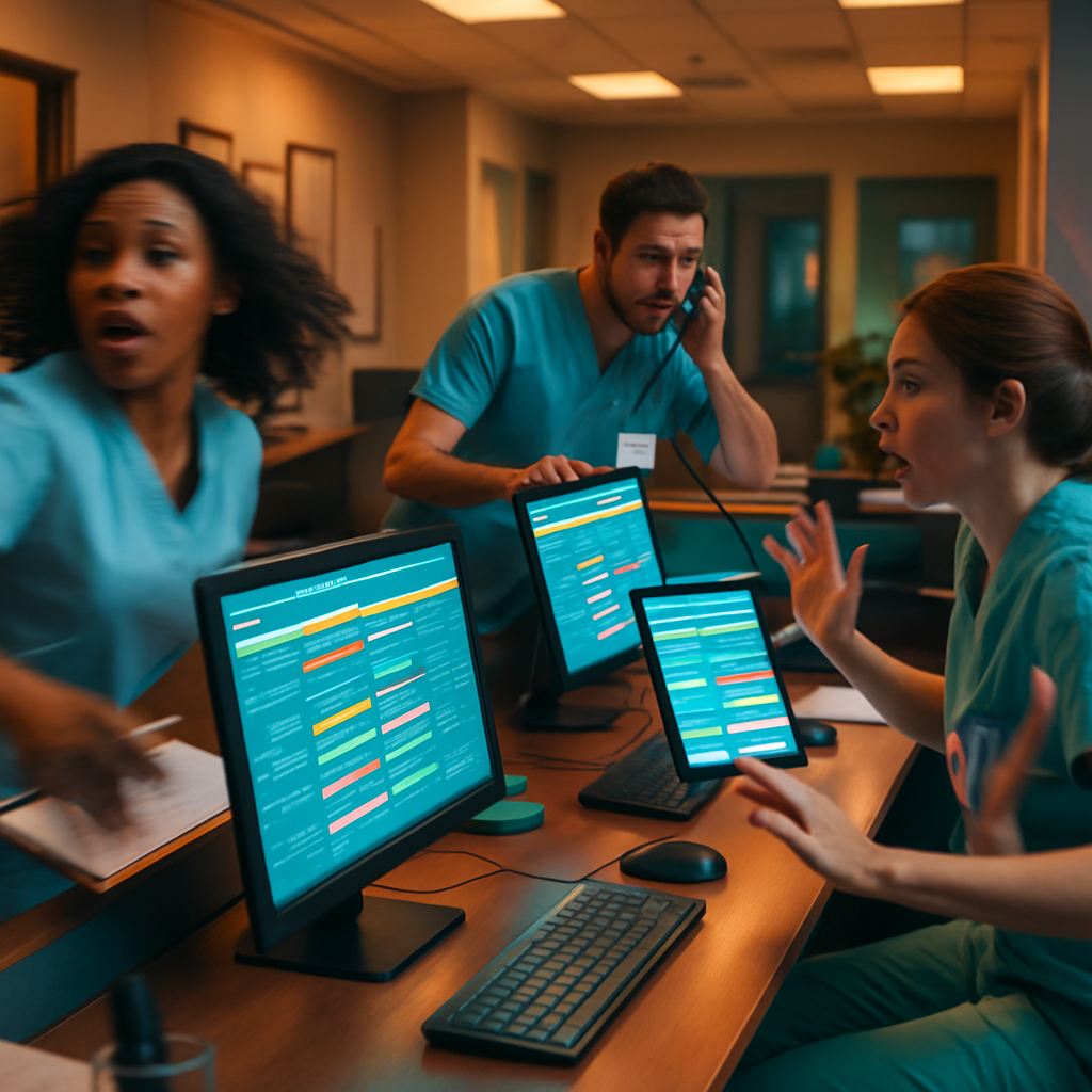 Clinic staff energetically managing schedules at a reception desk