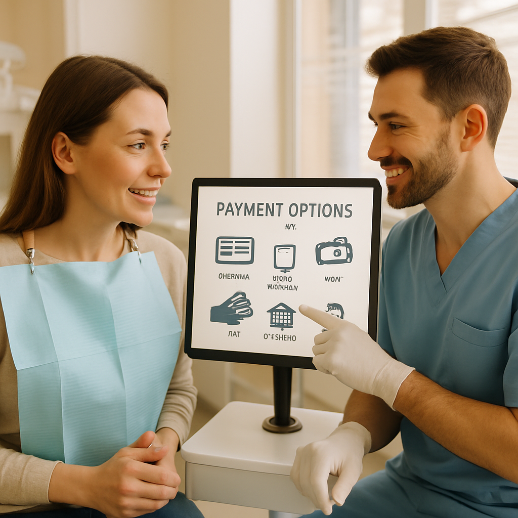 A dentist and patient discussing payment options using digital tools at a dental clinic.