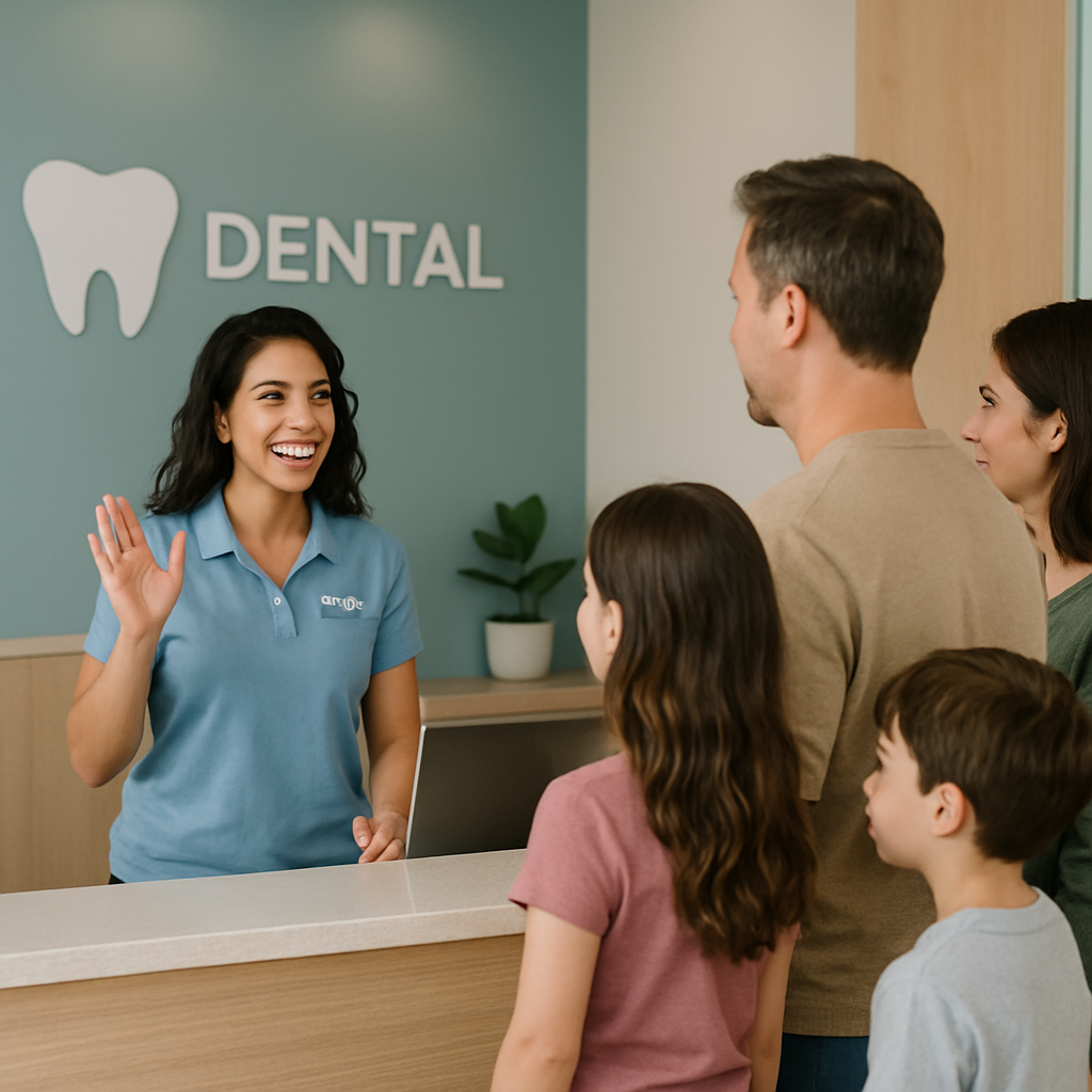 Receptionist warmly greeting a family at a branded check-in desk with a booking tablet visible.