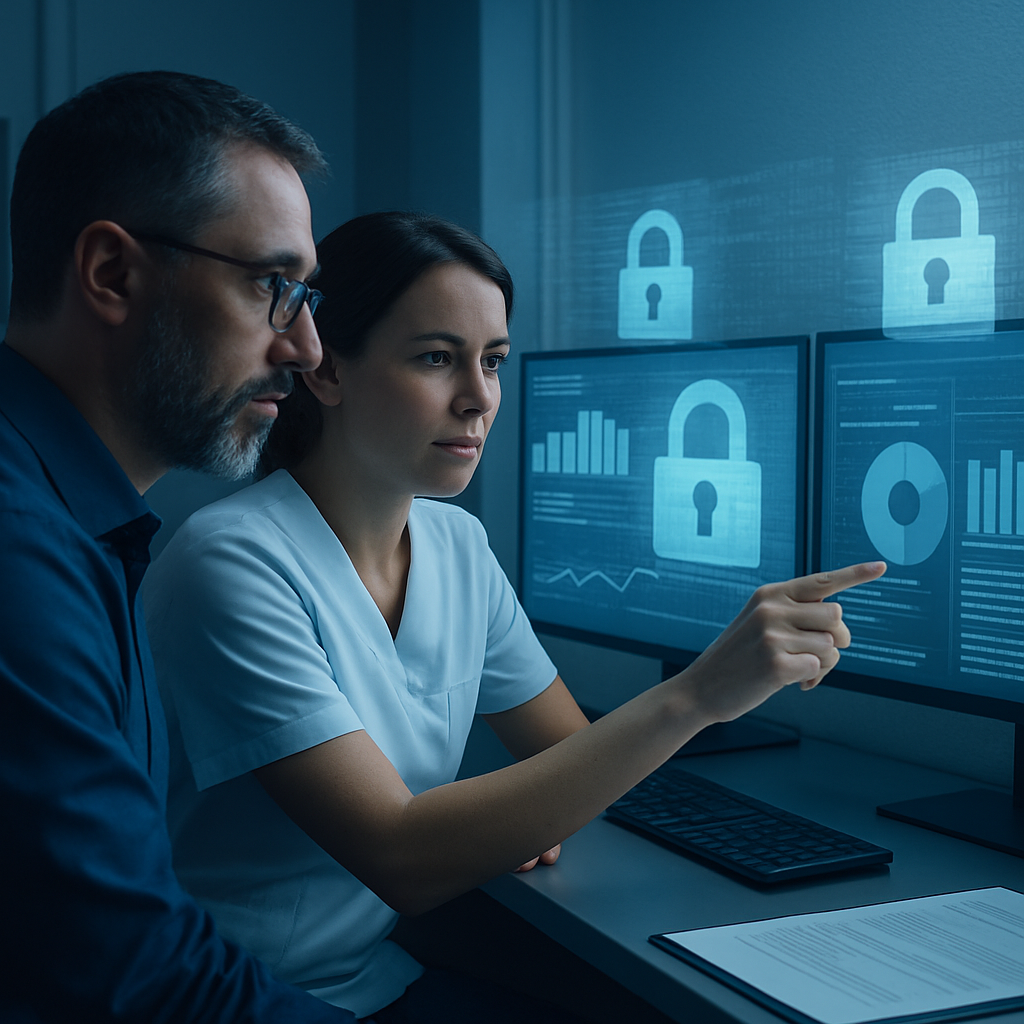 Practice manager and IT lead reviewing compliance logs and abstract audit visuals on multiple monitors.