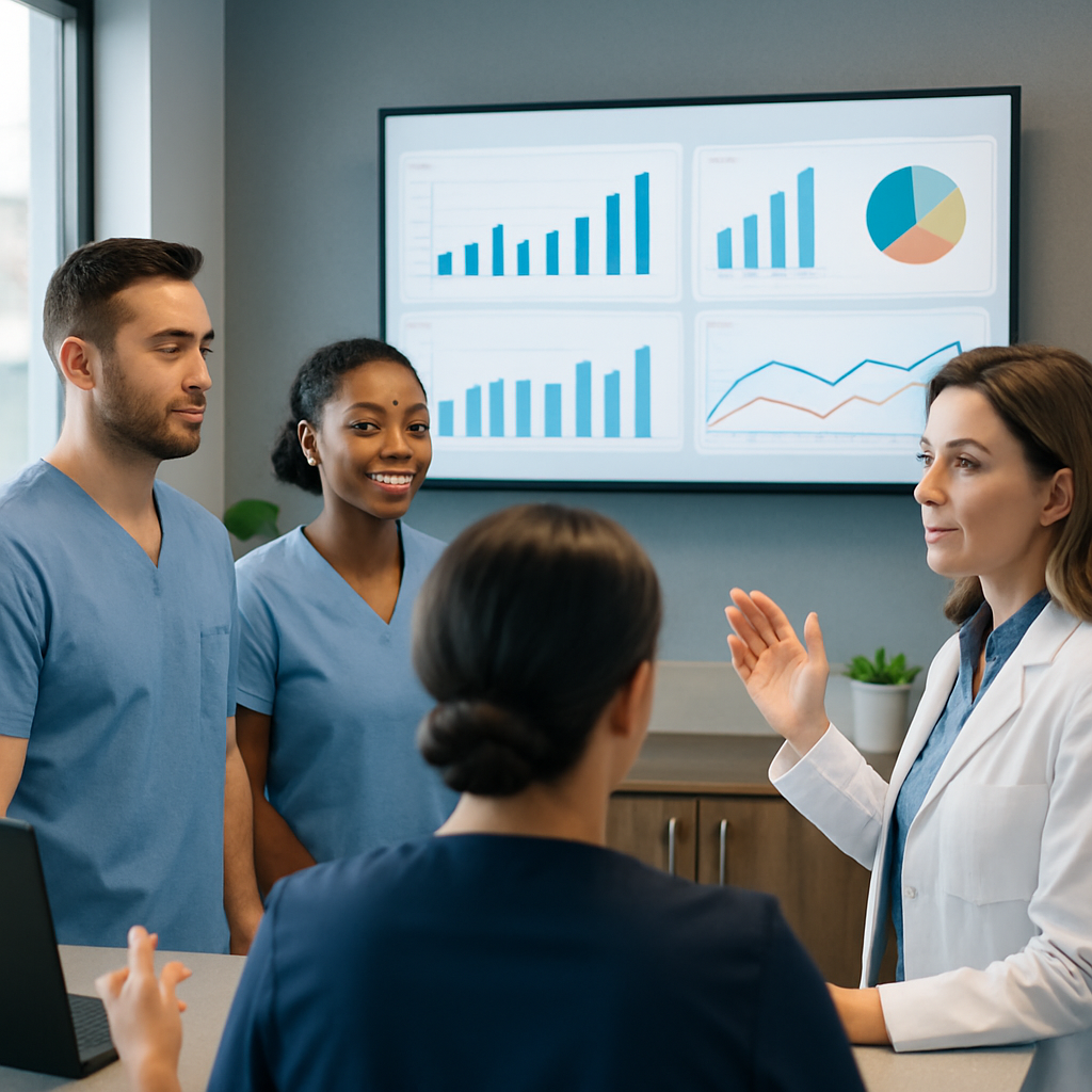 Dental team in a modern office reviewing a large digital KPI dashboard during a morning huddle.