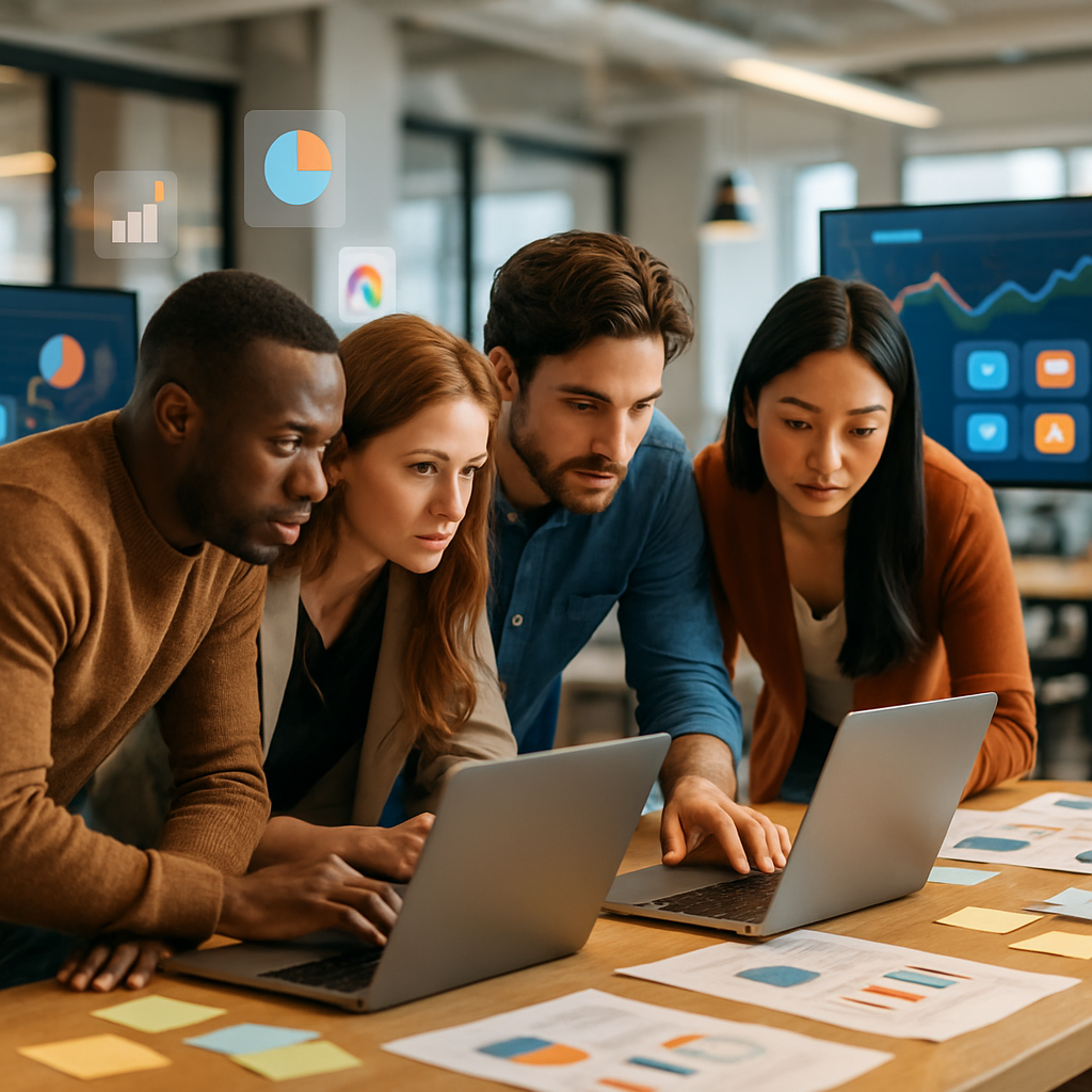 Marketing team collaborating over dashboards and spreadsheets to identify redundant tools