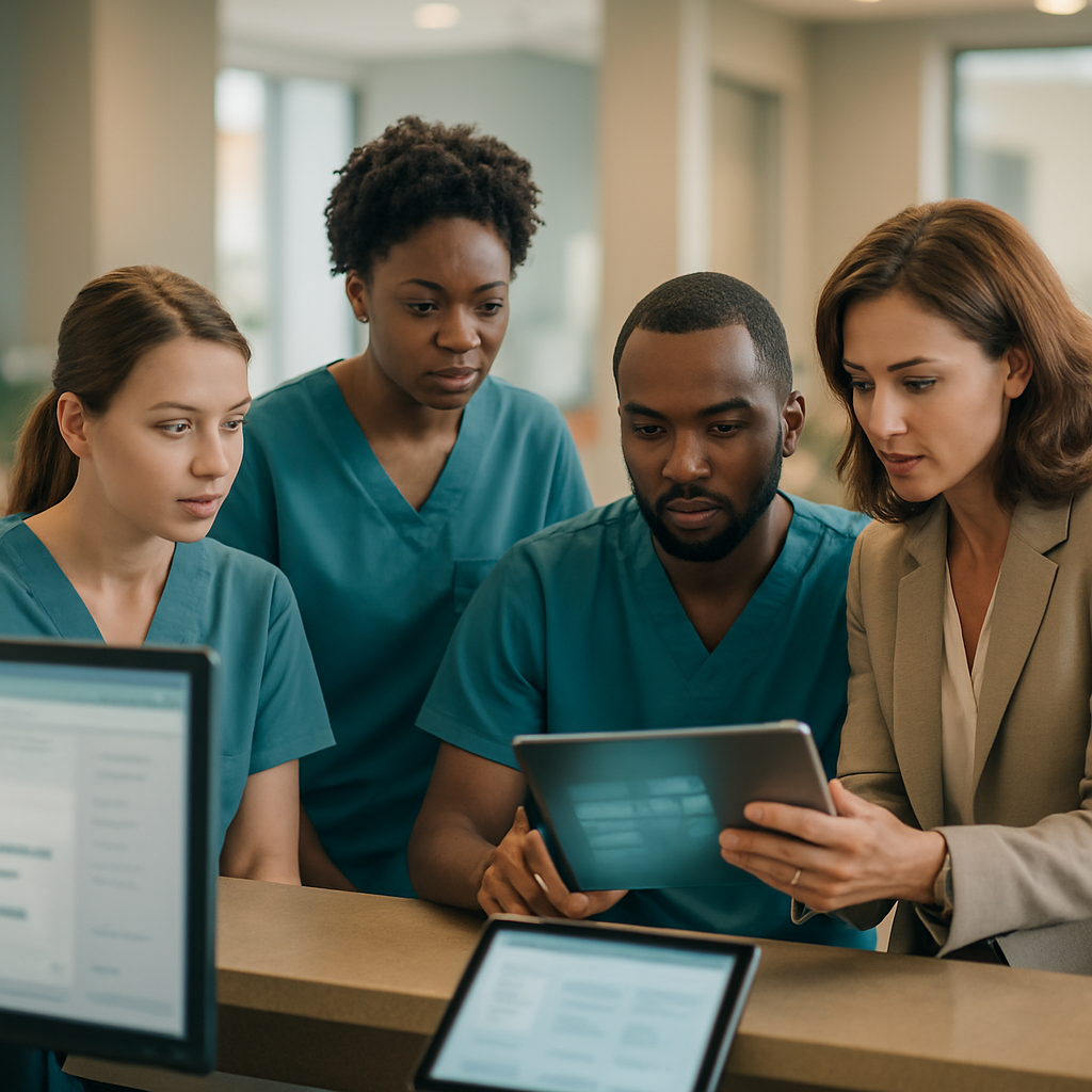 Reception staff and office manager collaborating over SOPs on a tablet at a dental front desk.