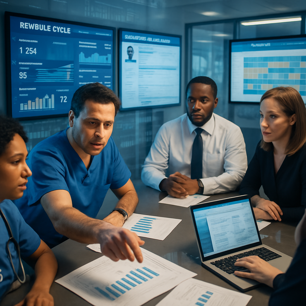 RCM team collaboratively reviewing dashboards and EMR screens in a hospital operations center