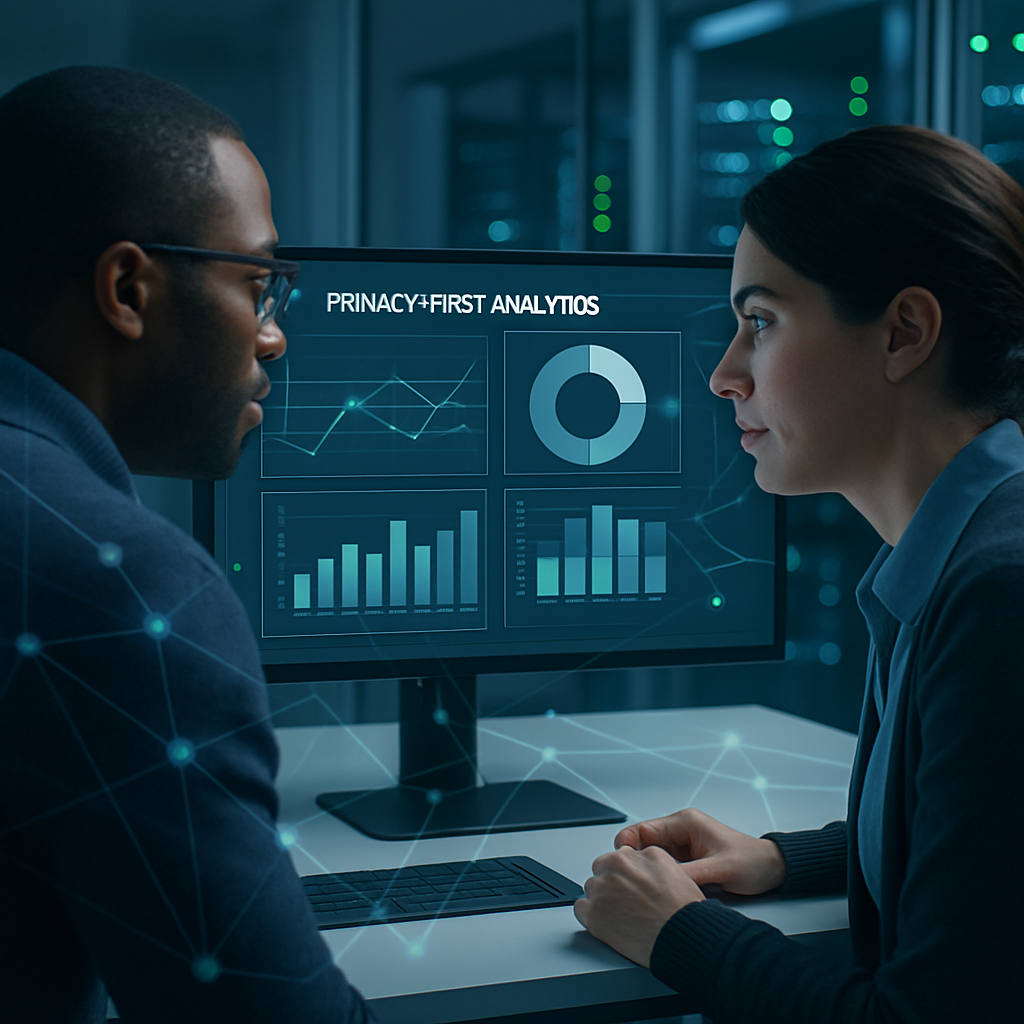 Dental marketer and IT specialist review a privacy-first analytics dashboard beside a server rack.