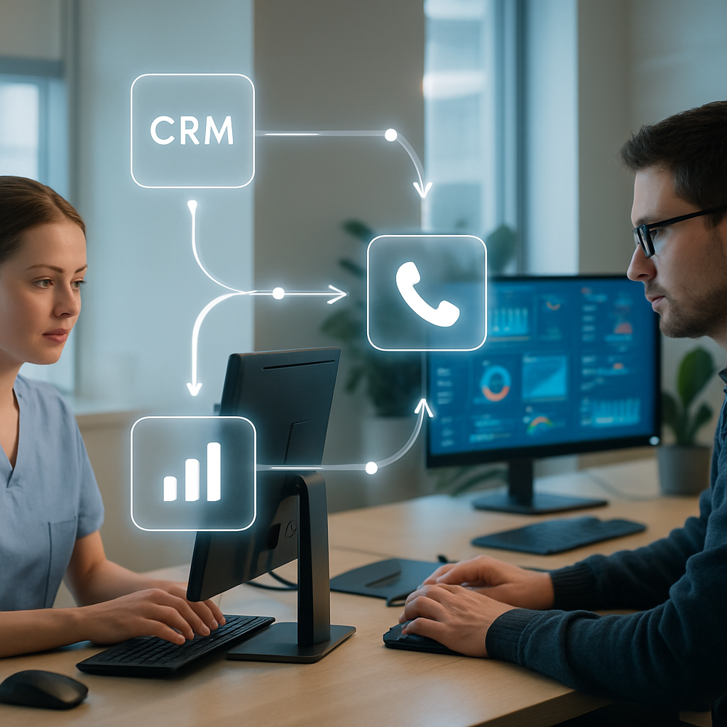Photorealistic scene of a dental front desk and developer workstation connected by visualized automated data flow