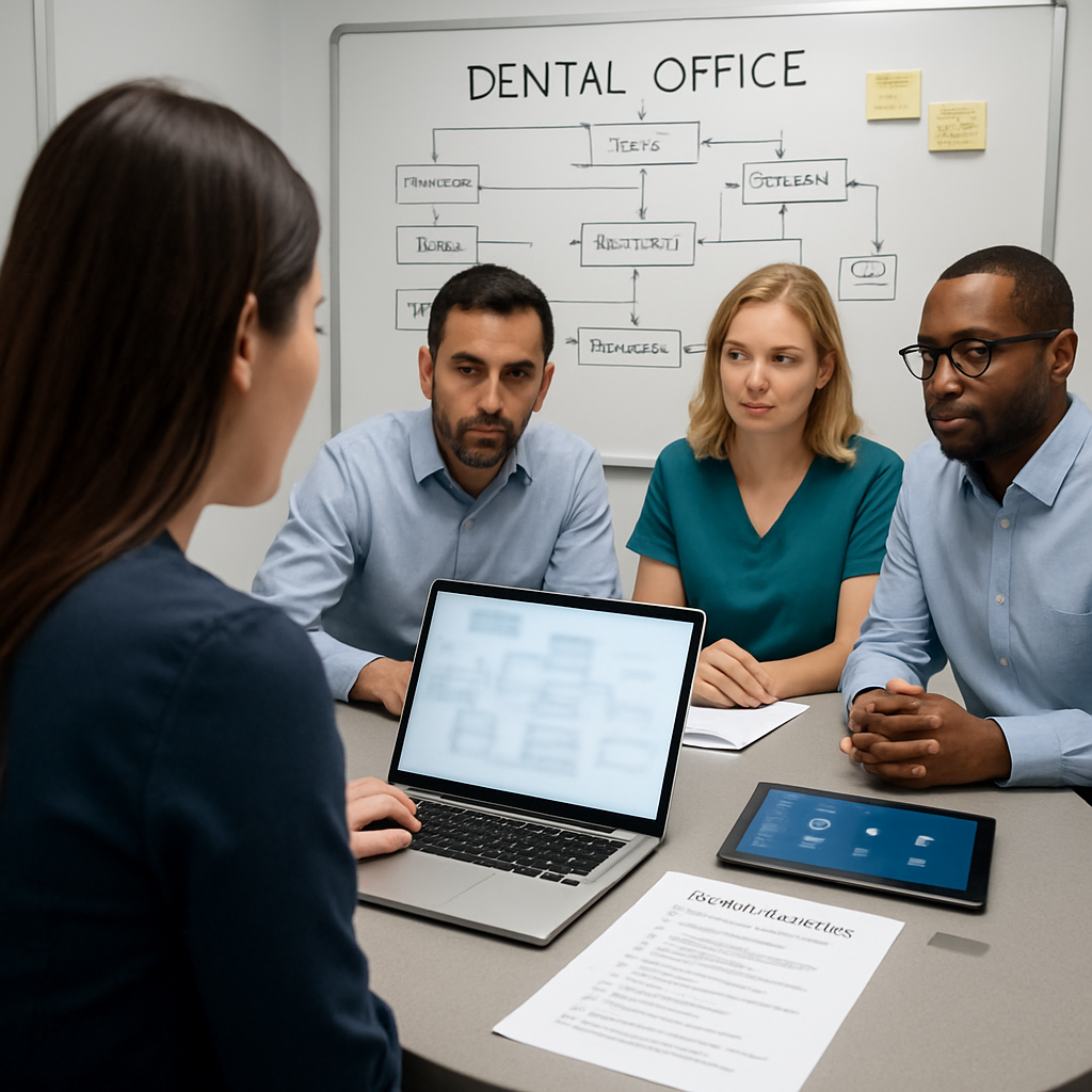 Dental operations team collaboratively reviewing a deployment checklist and triage flow on a laptop and whiteboard.