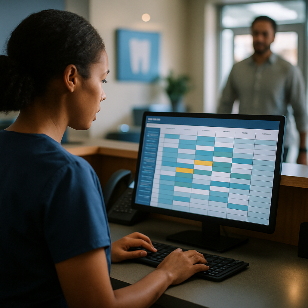Receptionist adjusting the appointment schedule on a monitor to prioritize at-risk patients