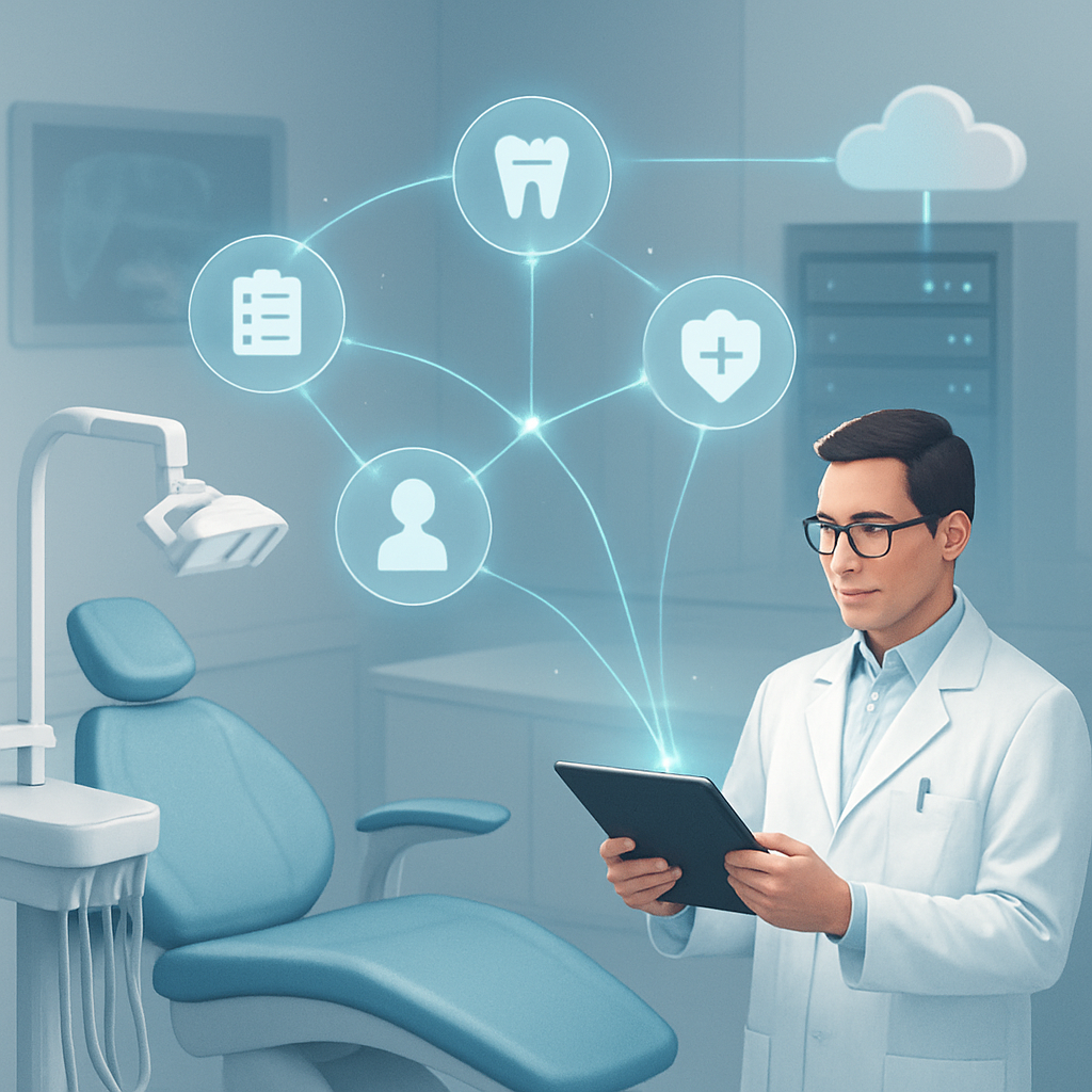 Clinician viewing a tablet beside a stylized visualization of interconnected dental data systems.