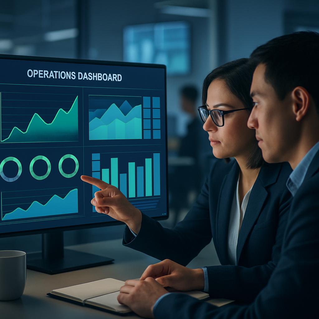 Two staff members reviewing a dashboard showing appointment confirmations, no-shows, and reclaimed slots