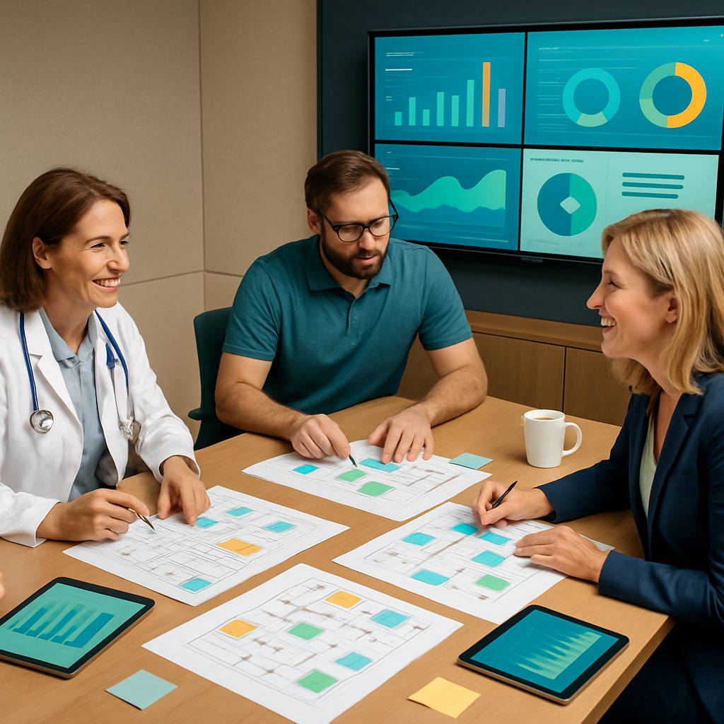 Operations team collaboratively mapping workflows around an integrated dashboard in a conference room.