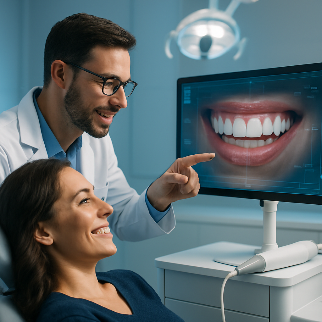 Dentist pointing at a 3D smile design on a chairside monitor while a patient looks on engaged