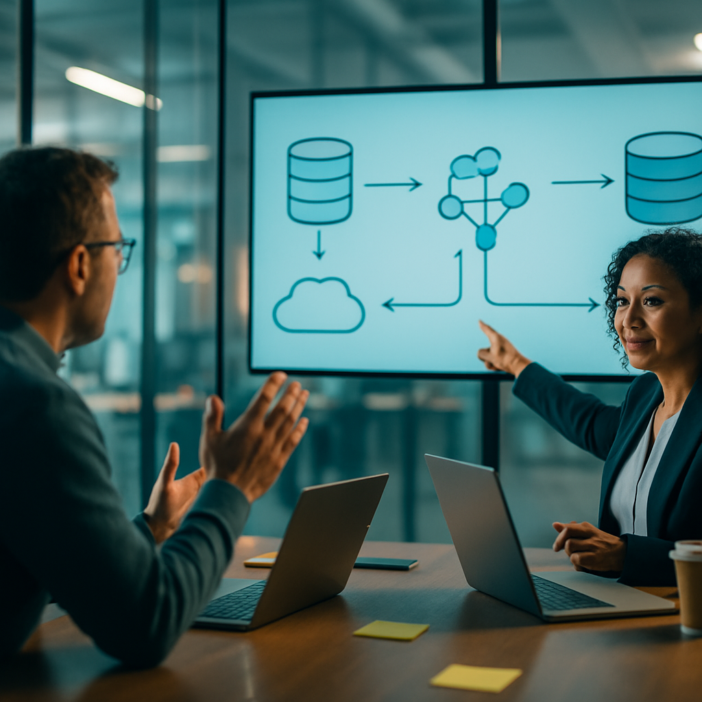 Cross-functional team collaborating on a dental PMS migration plan with an abstract integration diagram on a large screen.