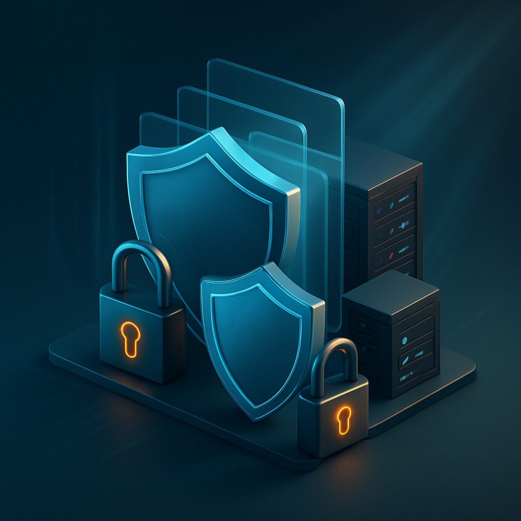 3D layered visualization of shields, locks, and encrypted data streams representing technical controls protecting patient messages.