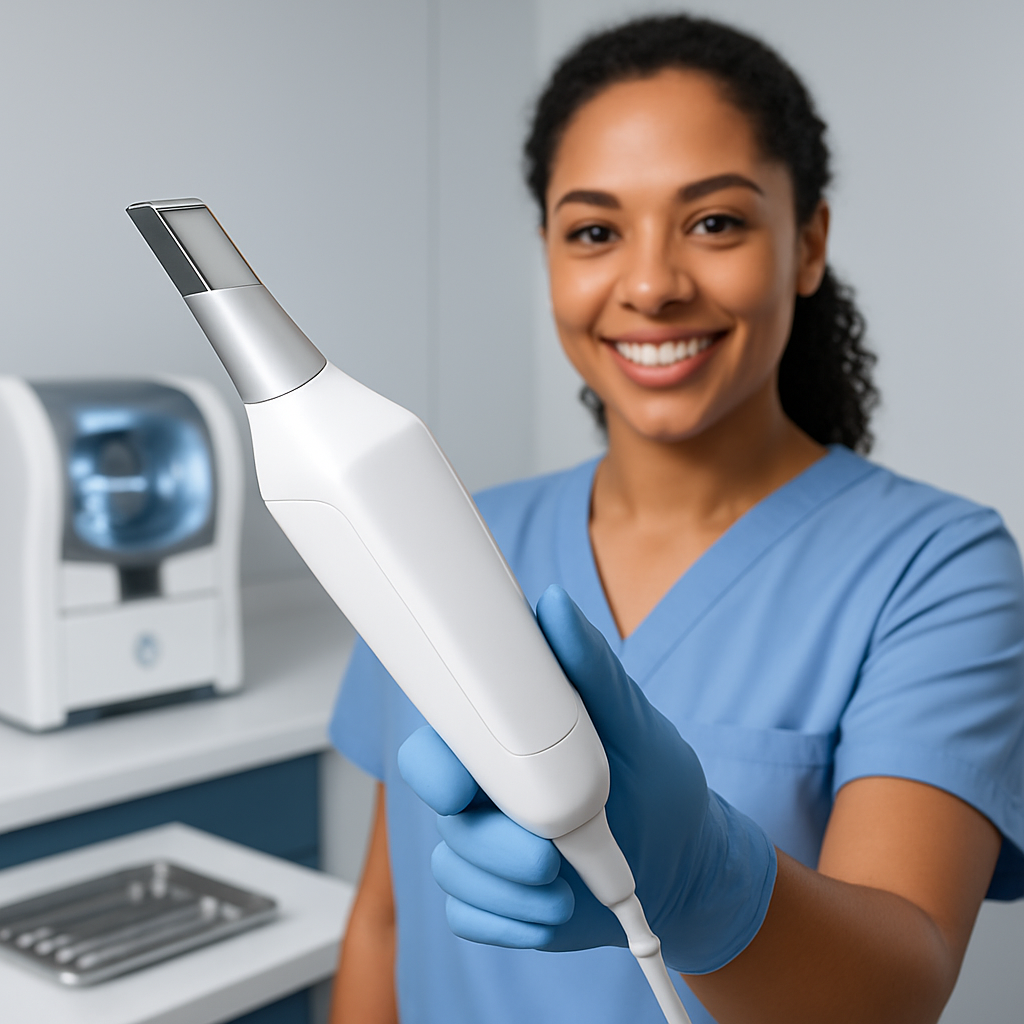Close-up of an intraoral scanner held by a clinician with CAD/CAM equipment on the operatory counter behind.
