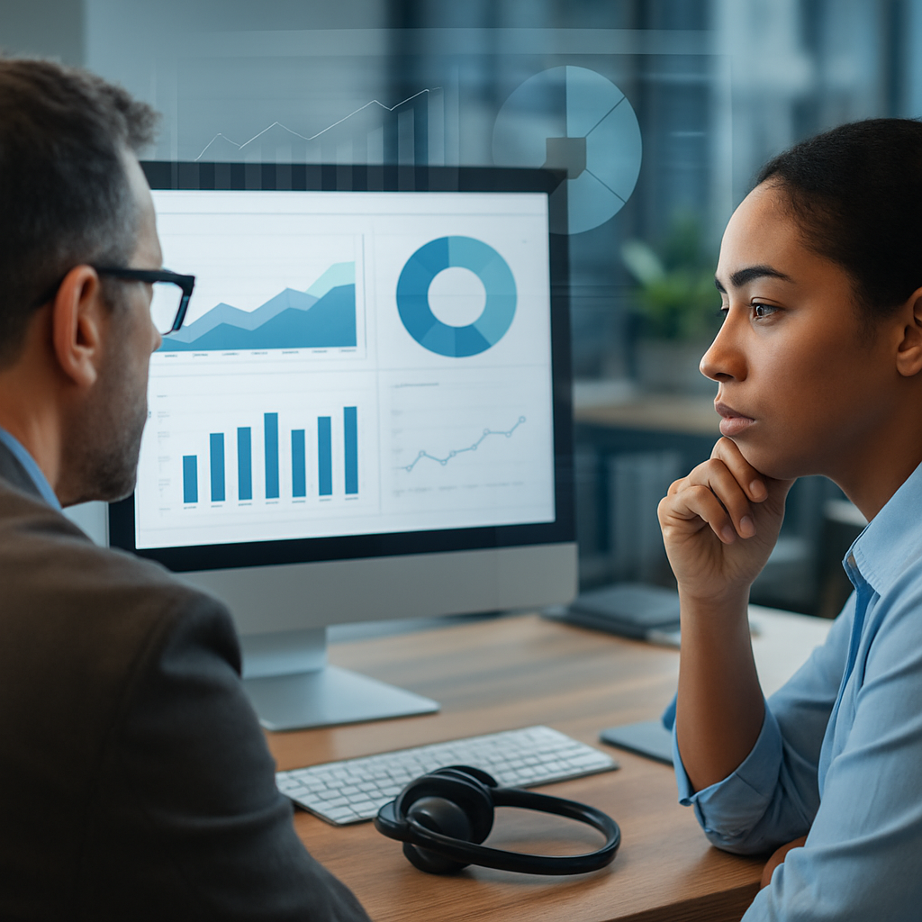 Marketing lead and front desk reviewing a unified patient-acquisition dashboard.