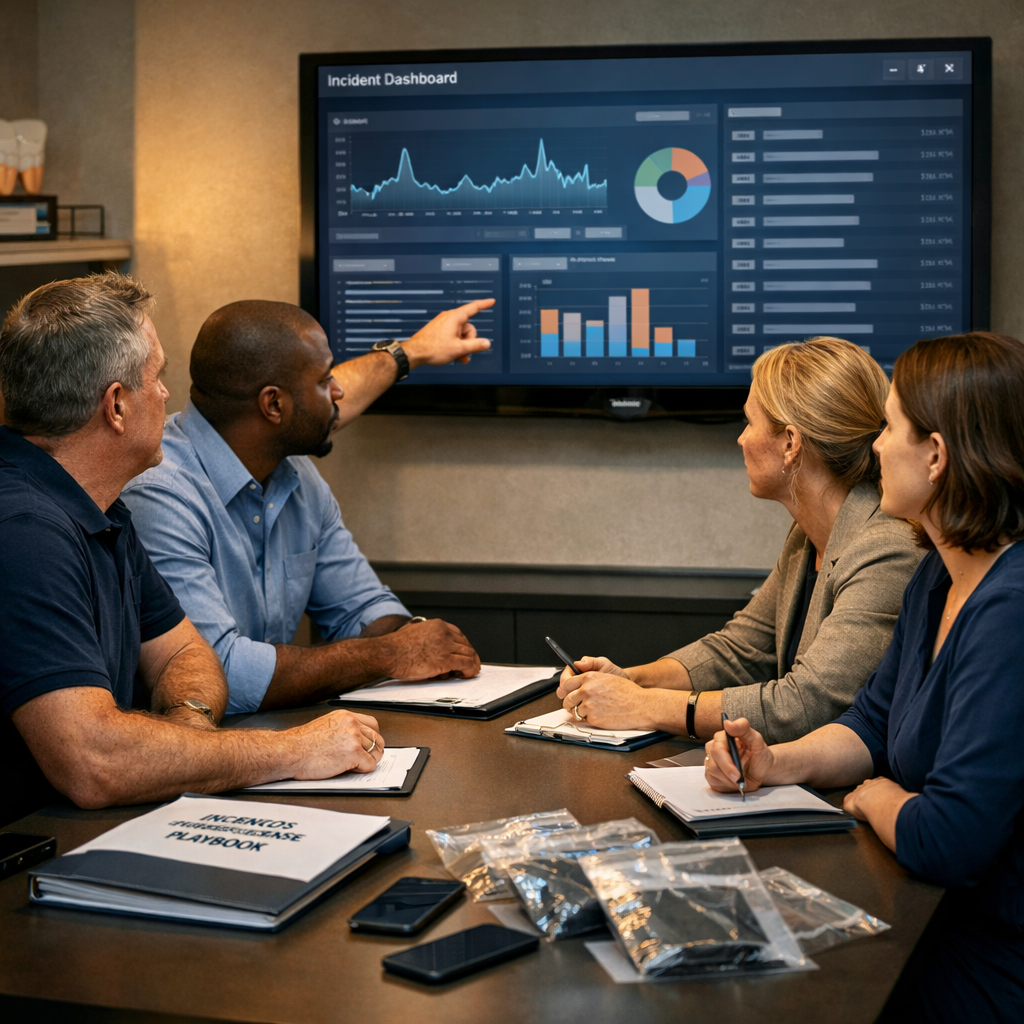 Small incident response team collaborating around a table with monitors and an incident playbook.