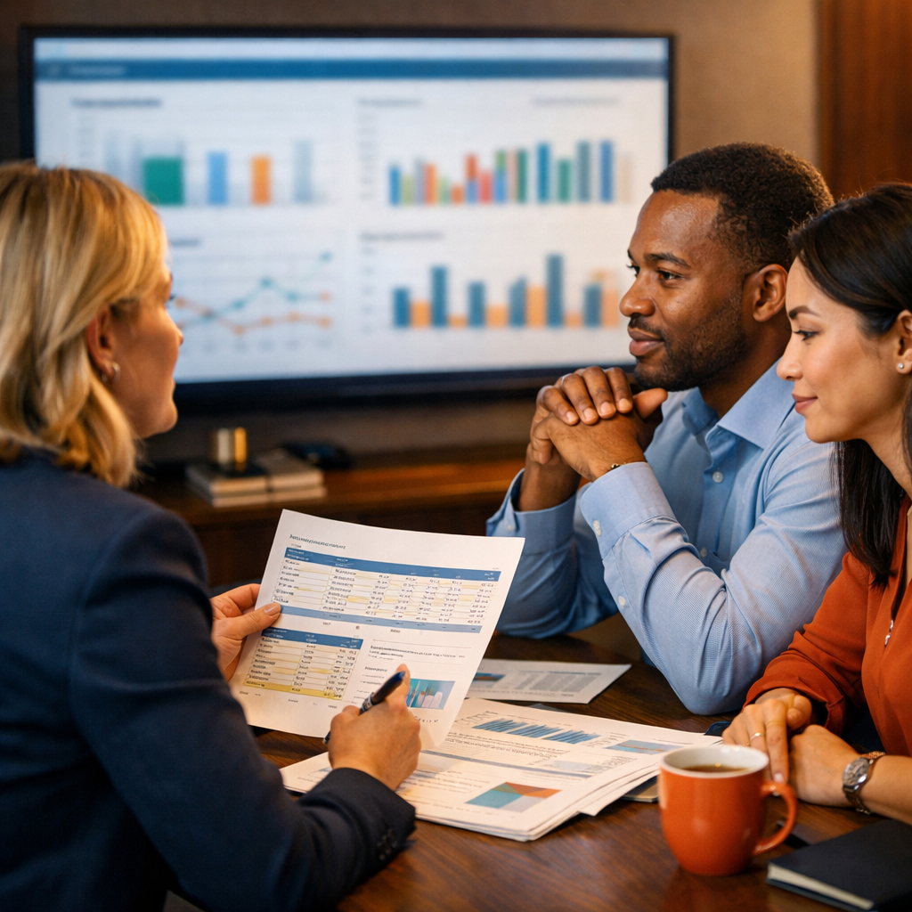 Practice manager and owners study a financial recovery dashboard and printed cashflow templates.