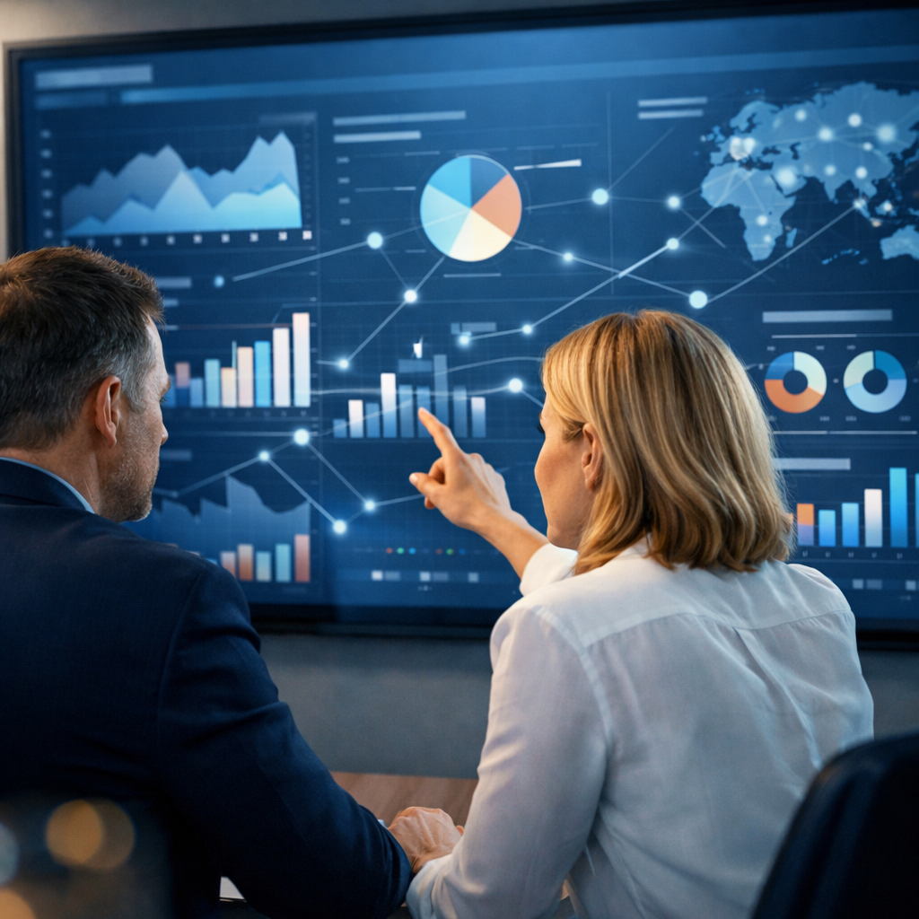 Two office professionals reviewing a large analytics dashboard that visualizes workflow automation and integrations.