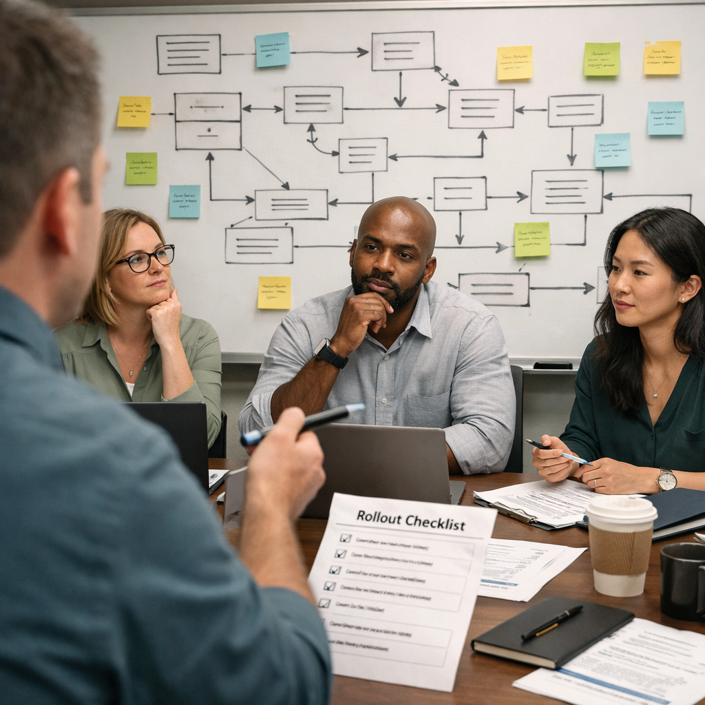 Operations team mapping system integrations on a whiteboard during a planning session.