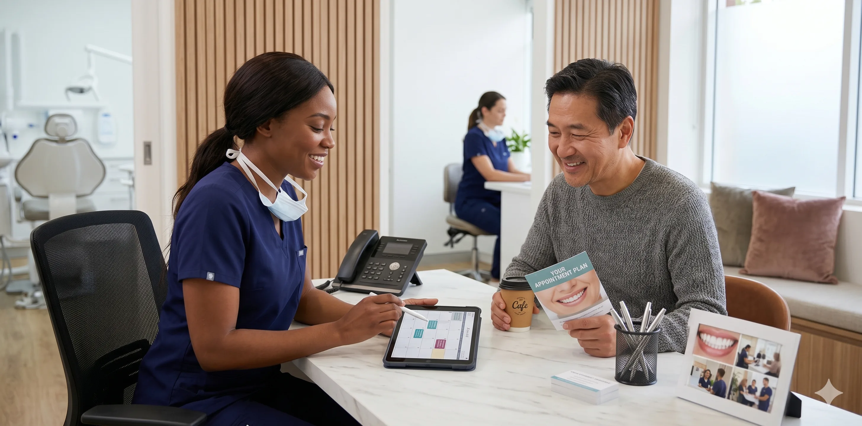 dental receptionist with a patient