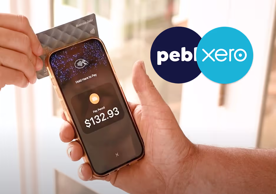 A person uses a mobile phone to accept a payment through Pebl's Tap to Pay feature, showcasing a successful transaction with a Xero integration logo.