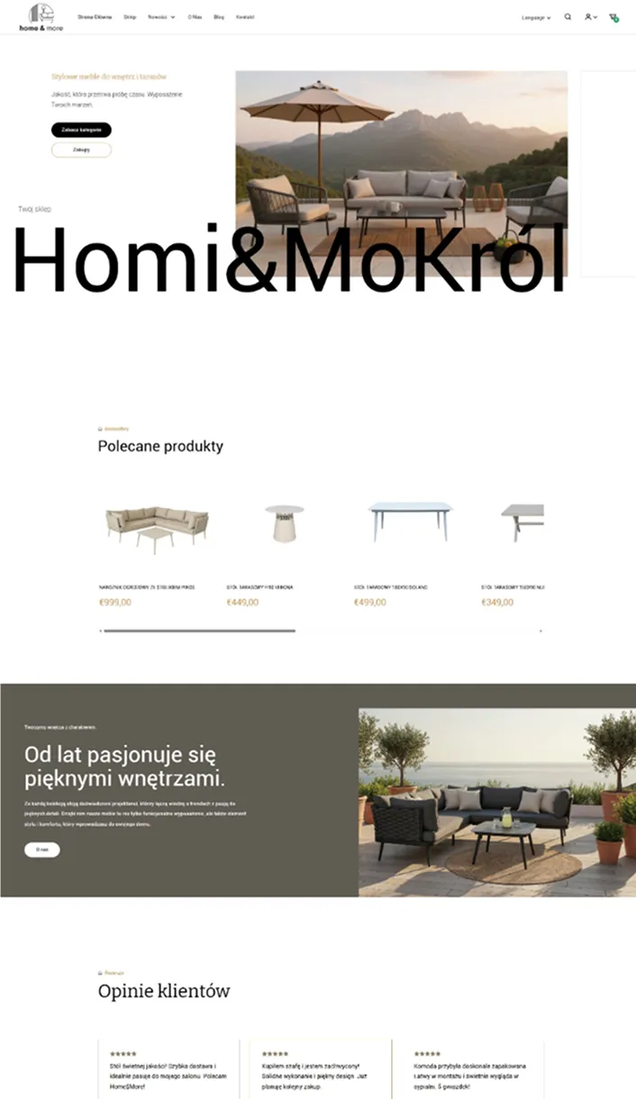 Strona sklepu z meblami ogrodowymi prezentująca zestawy wypoczynkowe na tle gór i tarasu oraz polecane produkty i opinie klientów.