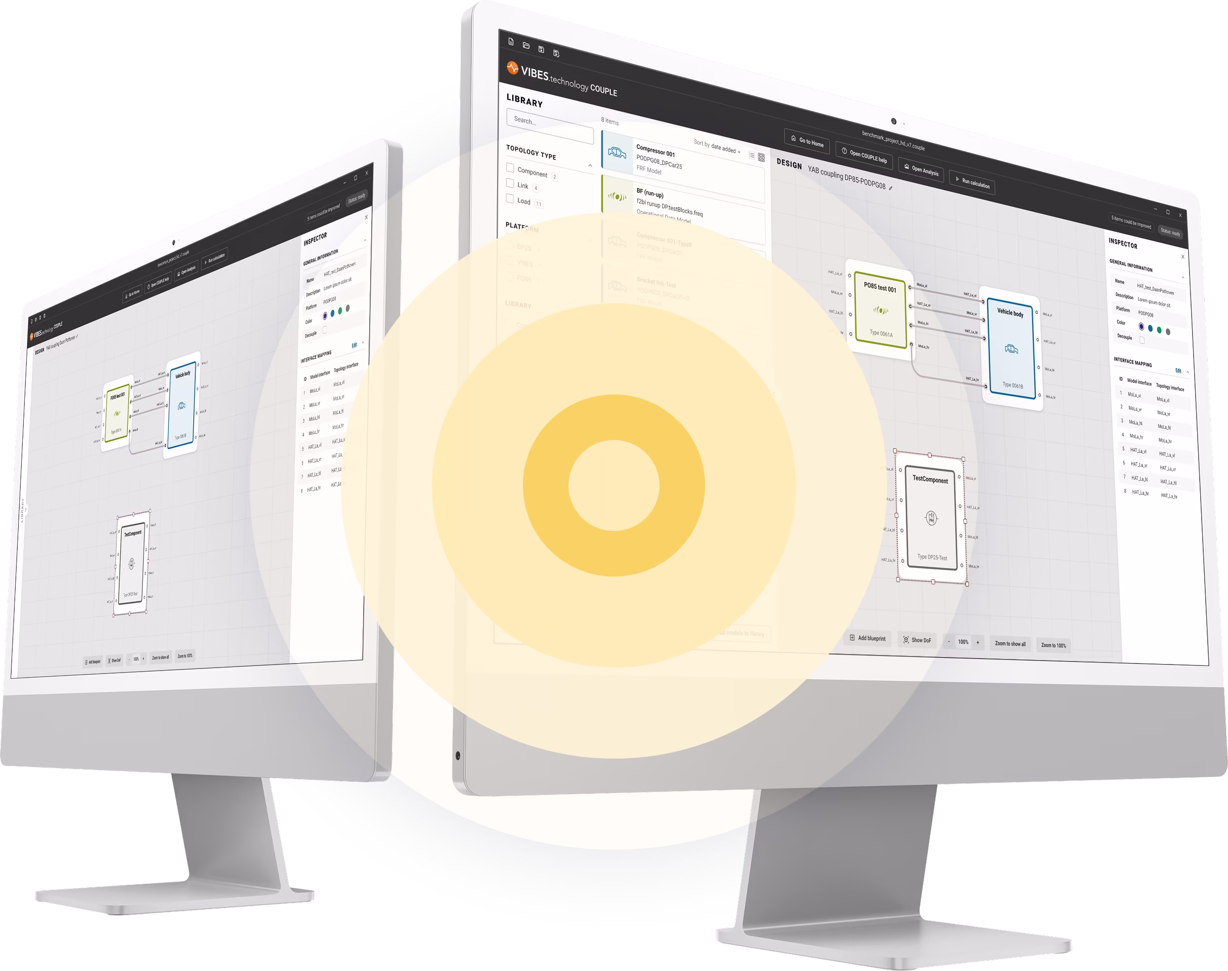 Twee schermen met een grote cirkel op de voorgrond.