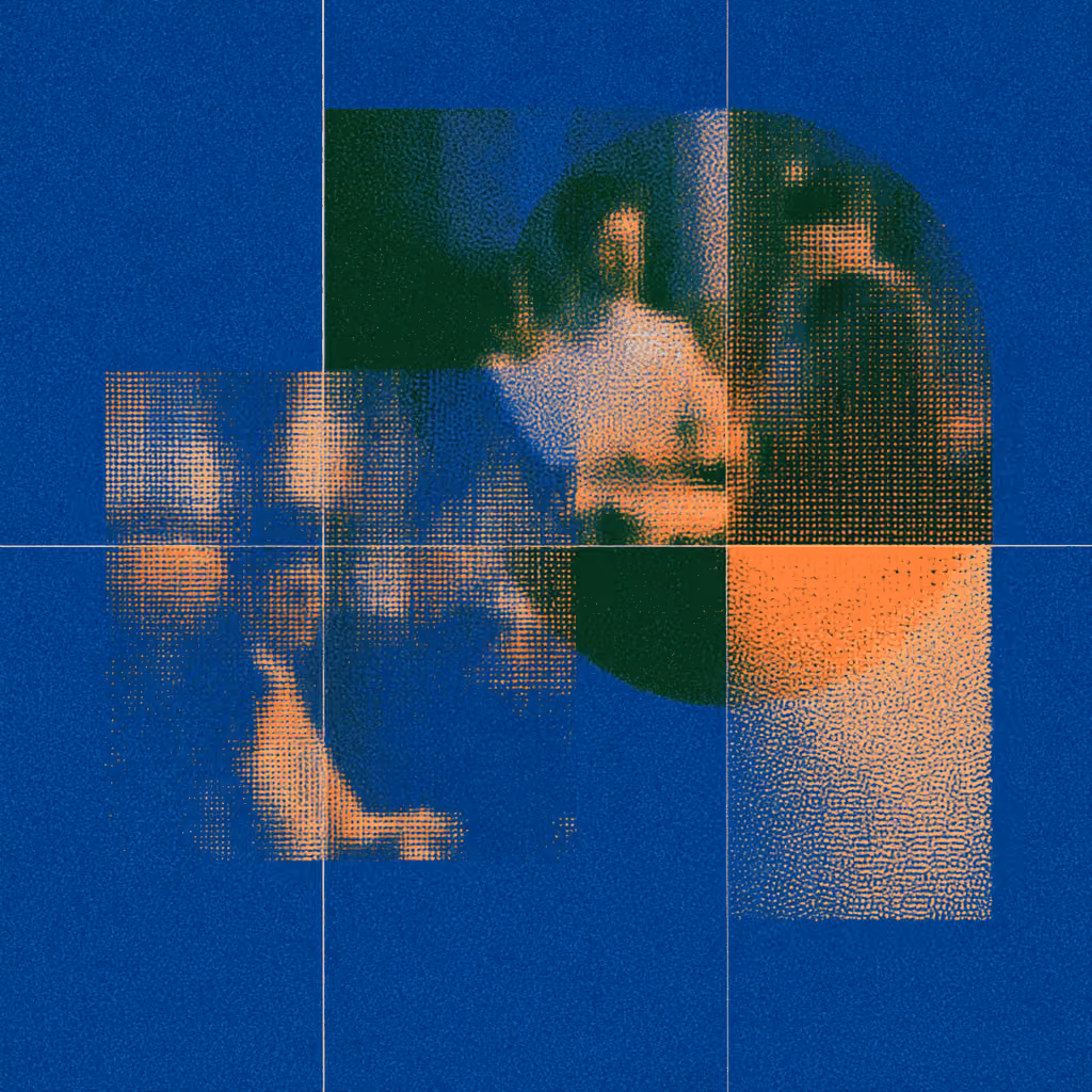 A pixel art composition with abstract human figures in shades of orange, blue and green, arranged in a geometric pattern of squares and circles.