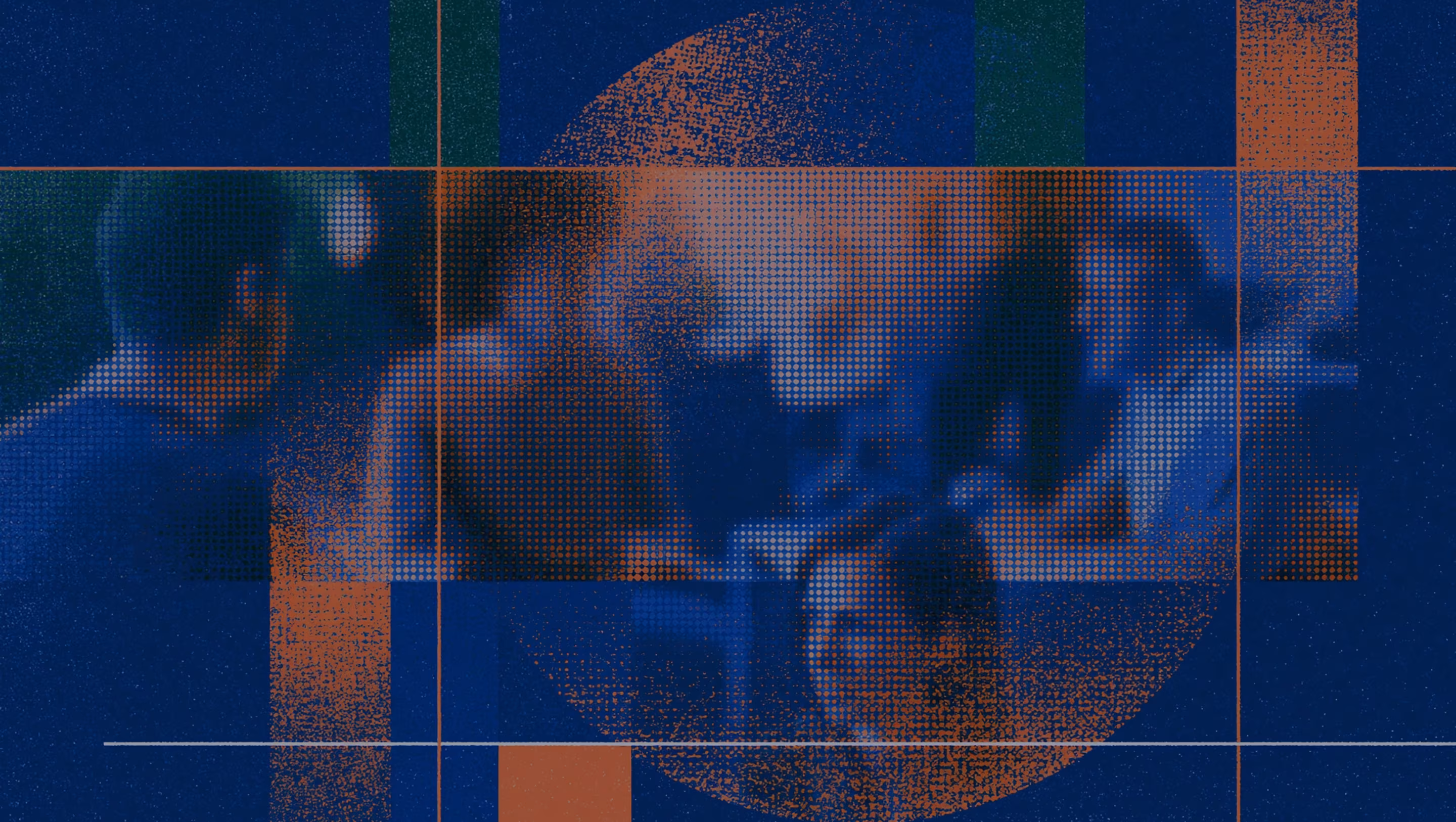 Unscharfes Bild von Personen, die sich unterhalten, mit einem überlagerten Muster aus blauen und orangefarbenen geometrischen Formen.