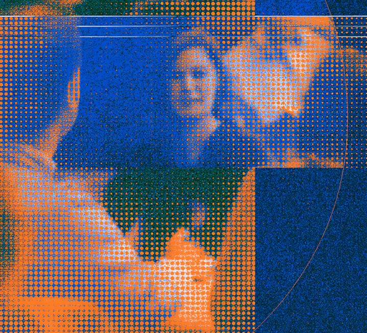 Several people working together in a room, partly visible through an orange-blue grid pattern.
