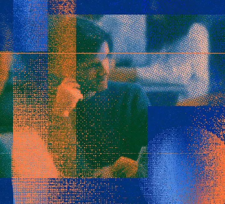 Abstraktes Bild mit einer von blauen und orangen Punktmustern überlagerten Fotografie einer Person, die nach rechts schaut und nachdenklich wirkt.