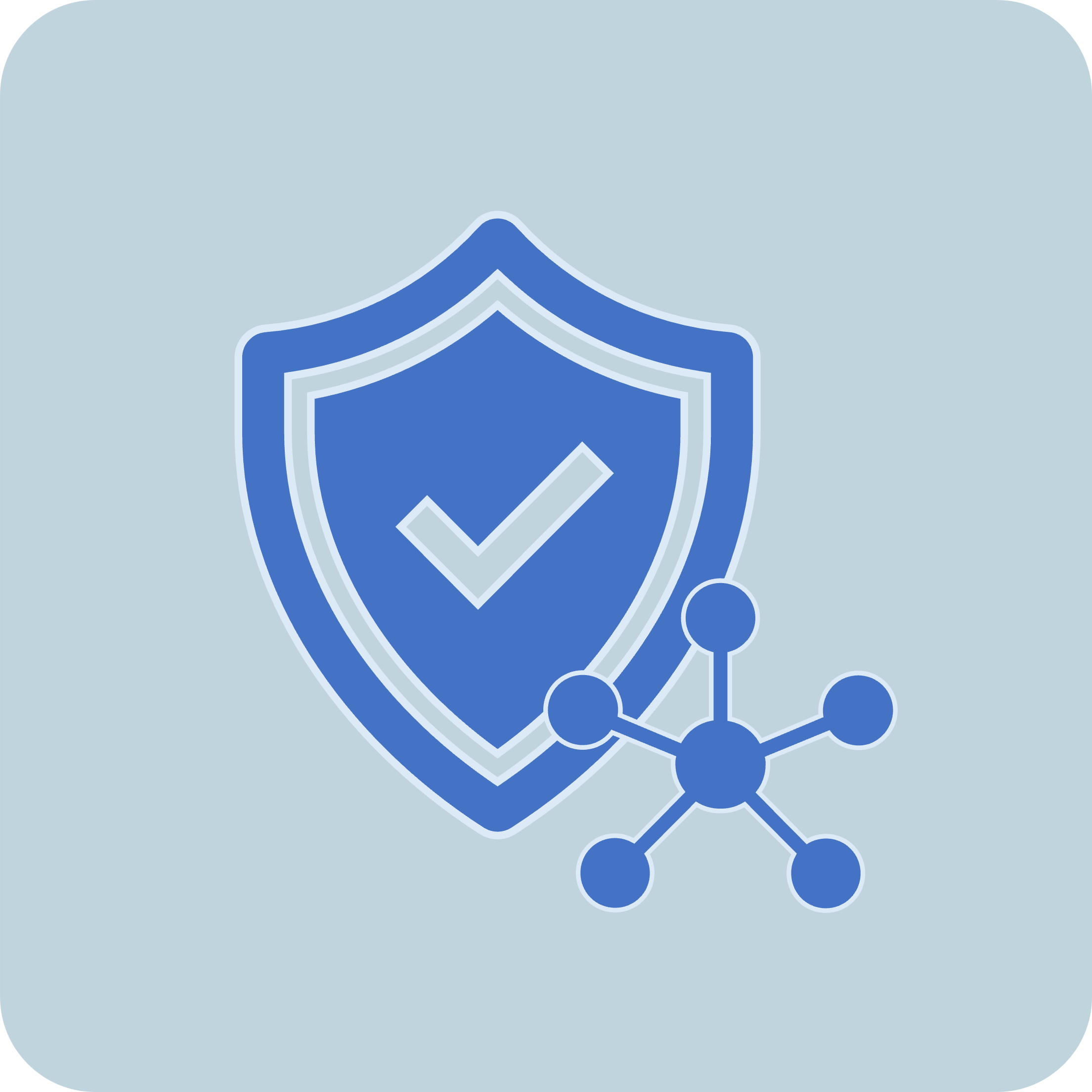 icon of a shield with a tick in the middle and a network shape