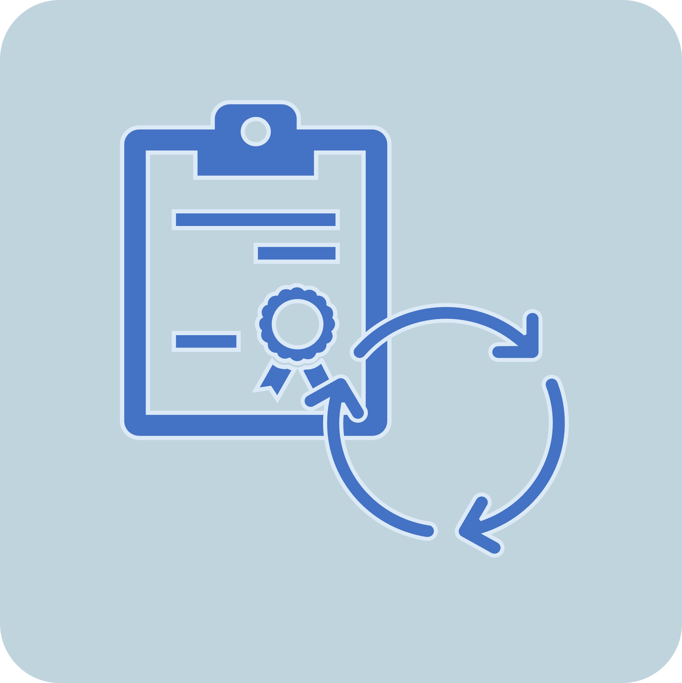 icon showing quality certificate on a clipboard and arrows going in a continuous circle