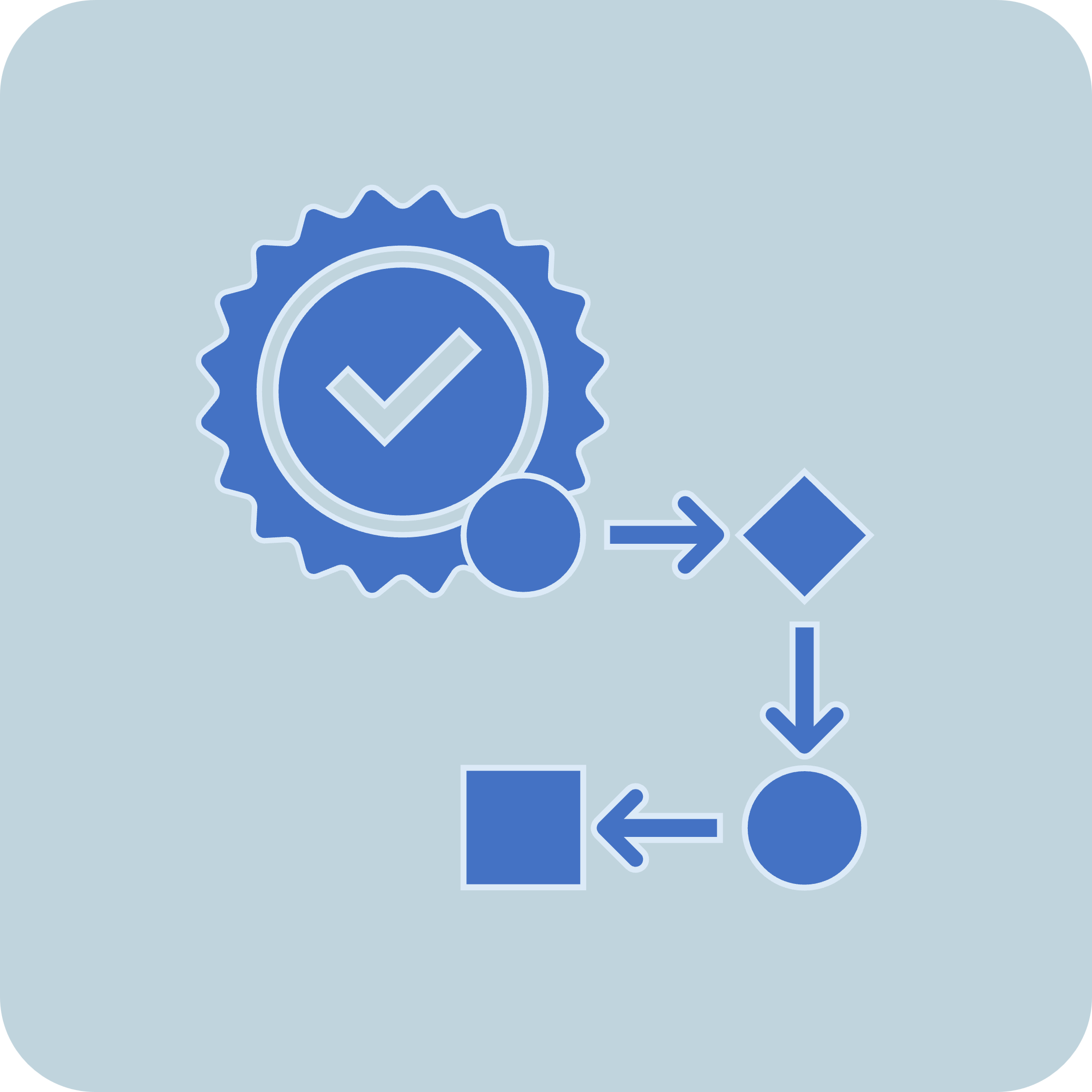 icon with a process diagram and a tick rosette 