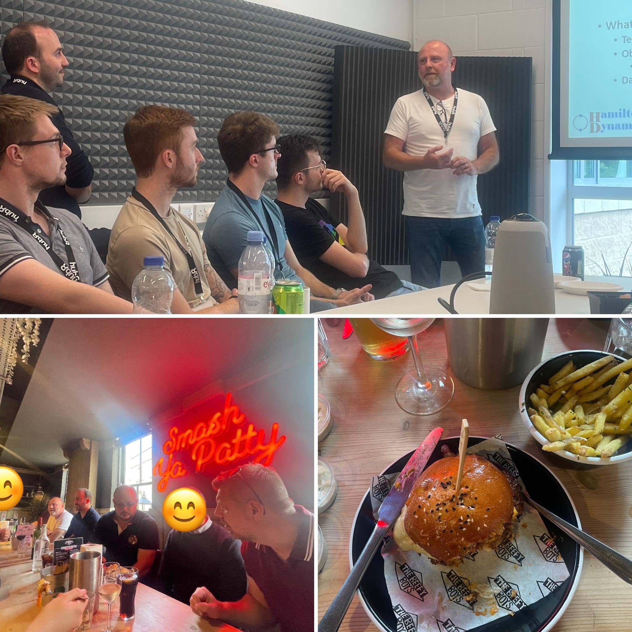 collage of photos from a social including company presentations and beefy boys food