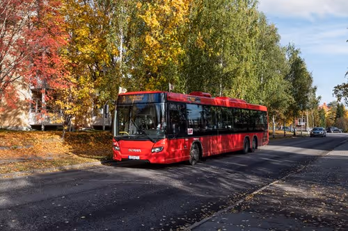 Linje 3 i trafik, bakom syns träd i vackra höstfärger.
