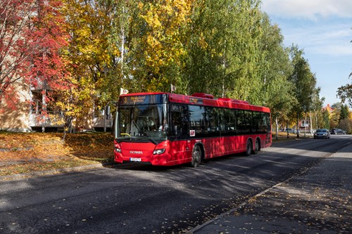Linje 3 i trafik, bakom syns träd i vackra höstfärger.