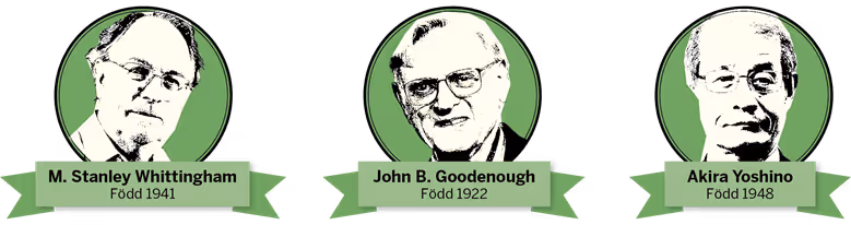Bilder av Nobelpristagarna Wittingham, Goodenough och Yoshino.