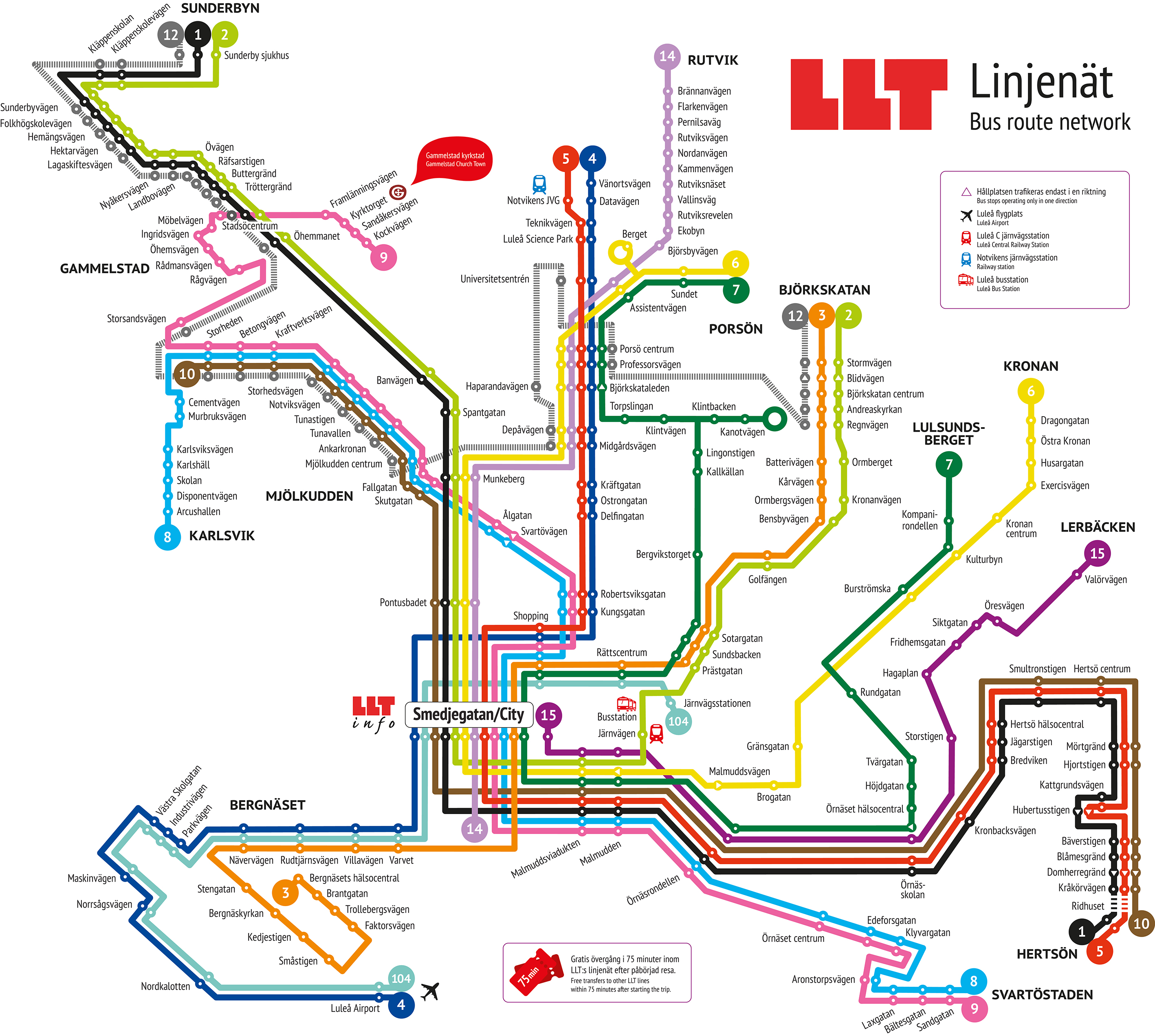 Linjekarta över Luleås kollektivtrafik med färgkodade busslinjer och hållplatser i staden.