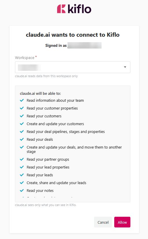 Kiflo access page asking to allow Claude to connect to Kiflo, with a workspace choice and the list of actions the assistant can take