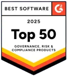Best Software 'Top 50' award badge 2025 given to Scrut in Governance, Risk and Compliance Products category