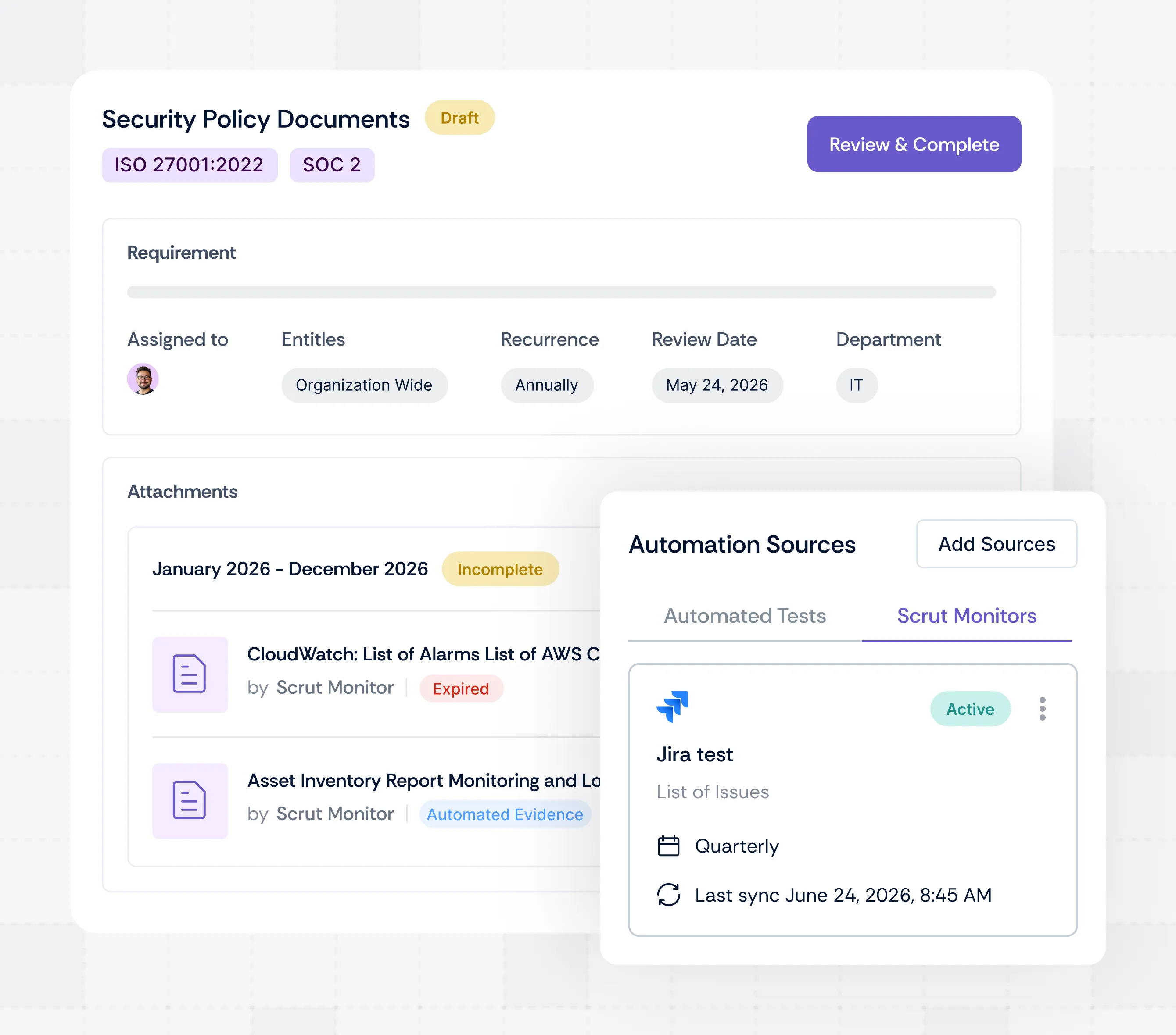 Scrut compliance automation screen showing a draft ISO 27001 and SOC 2 security policy document with automation sources including a Jira integration syncing quarterly, alongside evidence attachments and control mapping across 70+ frameworks.