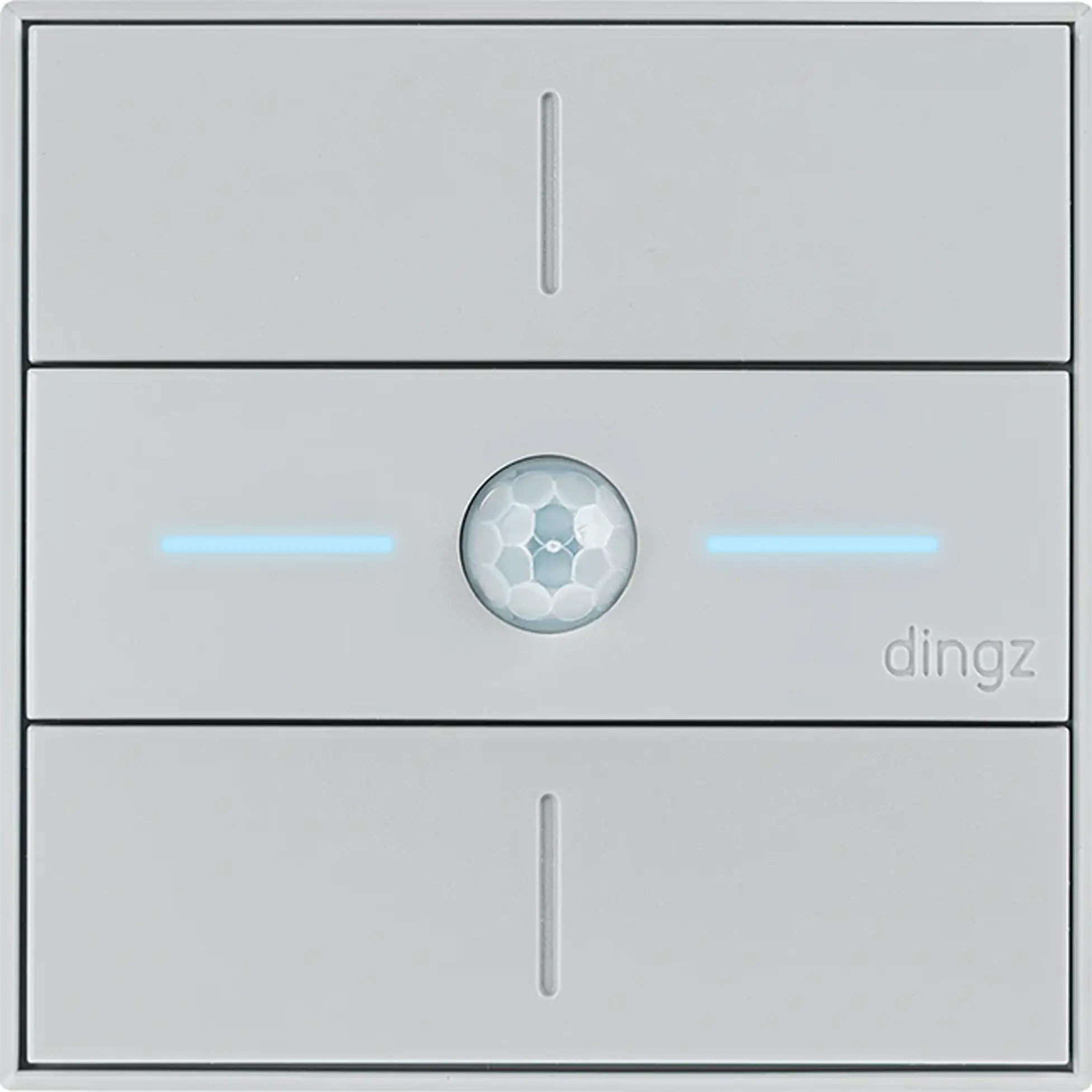 A modern light gray wall switch panel with three rectangular buttons; the middle button features a circular motion sensor with two blue horizontal indicator lights and the word dingz embossed on the bottom right.