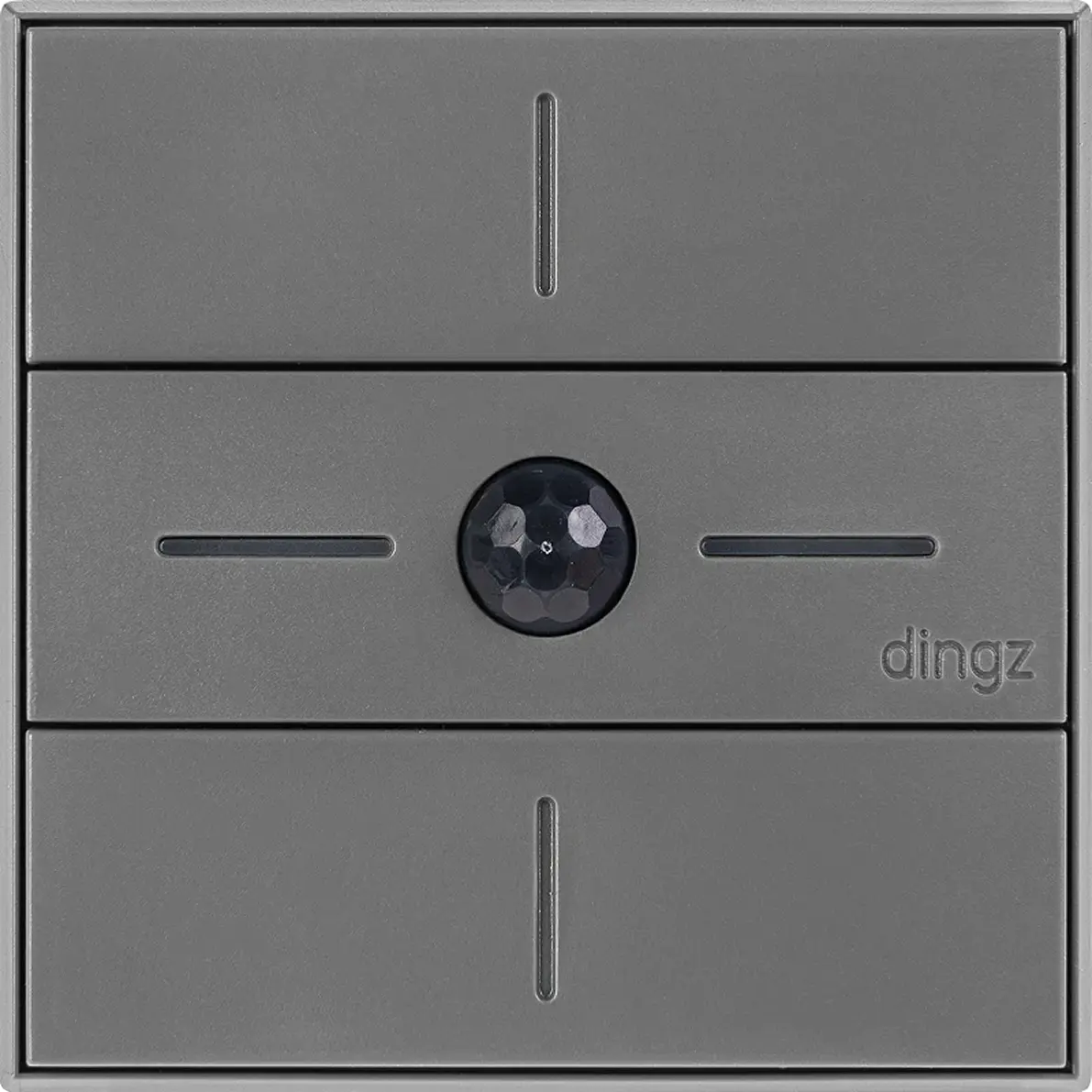 Gray rectangular wall switch panel with three buttons arranged vertically and a central black circular sensor with a faceted surface, labeled dingz in the lower right corner.