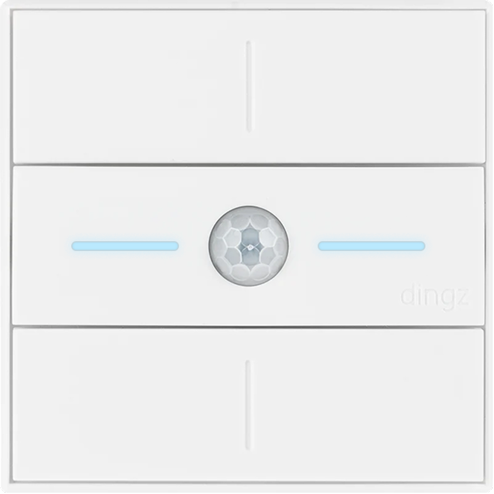 White wall switch panel with three rectangular buttons; the middle button has a circular sensor with two horizontal blue indicator lights on either side.