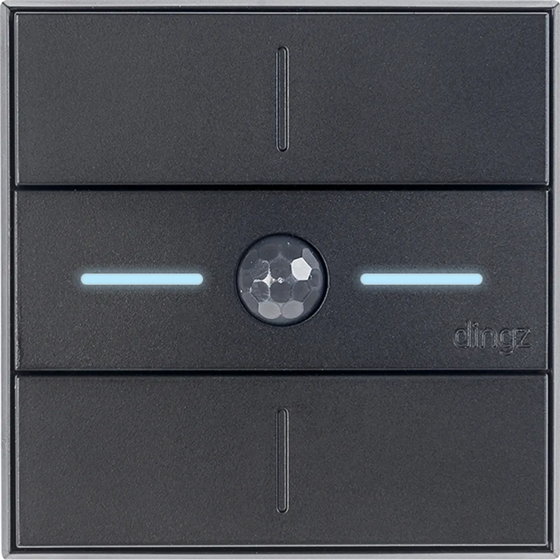 Black rectangular wall switch panel with three horizontal sections; the middle section features a round, faceted sensor or button with two blue horizontal LED light bars on each side and the word dingz embossed on the right.